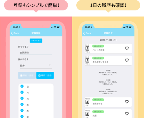 登録もシンプルで簡単！1日の履歴も確認！
